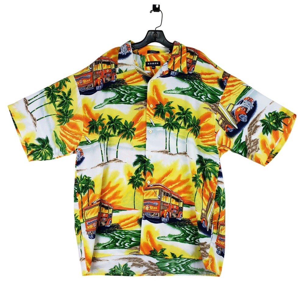 Koman Sport Tropical Bus Print Shirt Mens XXL Yellow Hawaiian Aloha Retro